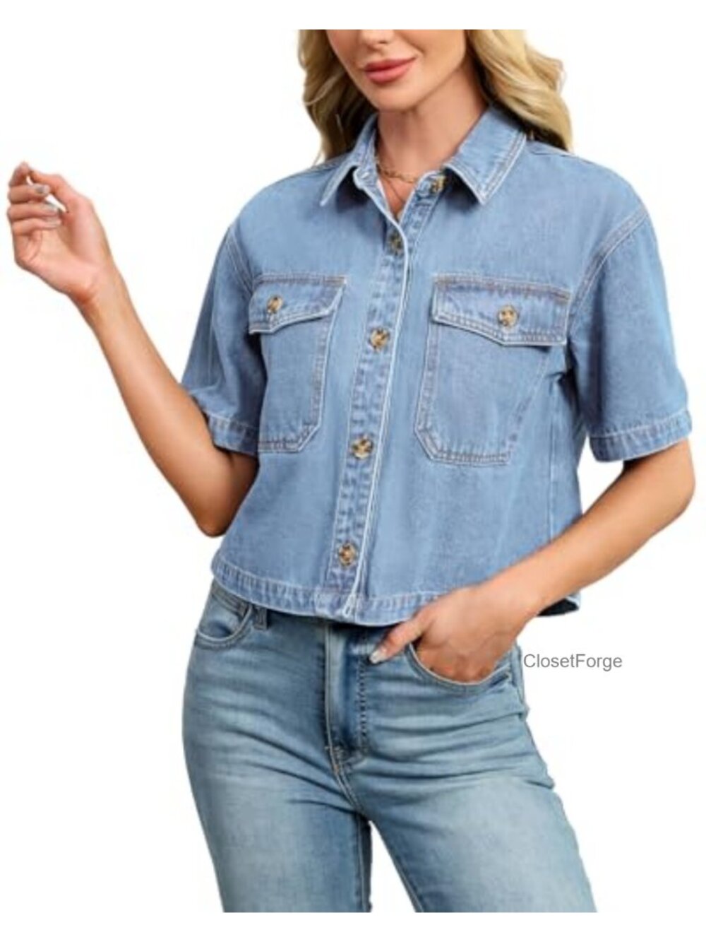 Short Sleeve Denim Crop Shirt Button Down Jean Jacket Top